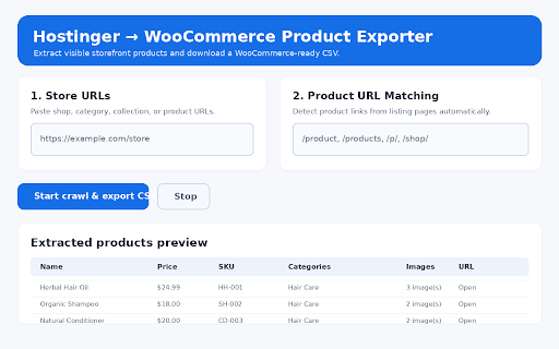 Hostinger to WooCommerce Product Exporter :: Crawl a Hostinger Website Builder storefront and export visible product data as a WooCommerce-compatible CSV.