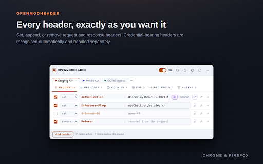 OpenModHeader :: Add, rewrite, and remove HTTP request and response headers. Organise rules into profiles and scope them with URL filters.