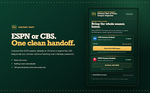 Fantasy Hall of Fame League Importer :: Import Yahoo, ESPN, and CBS Fantasy Football leagues into Fantasy Hall of Fame through explicit, read-only browser handoffs.