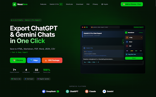 NousSave: Export ChatGPT, Gemini, DeepSeek, Claude and Grok Chats to PDF :: Effortlessly export AI chats to PDF, Word, Markdown, HTML & more. Features 'Deep Research' support and collapsible long messages.