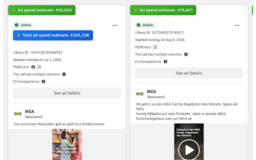 Facebook Ad Library Spend & Reach — Meta Ad Library Ad Spy :: See estimated ad spend & EU reach on every ad in the Facebook and Meta Ad Library. Free, no account needed. Spot winners fast.