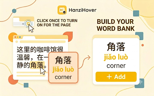 HanziHover :: Hover over Chinese text to see pinyin and definitions, and save words to your personal word bank.