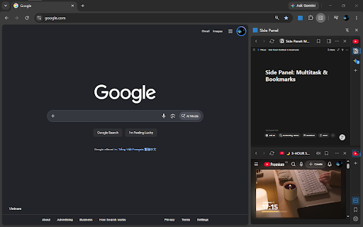 Side Panel: Multitask & Bookmarks :: Multi-task with a persistent sidebar, manage bookmarks, site pinning, isolated tabs, audio controls, and instant web switching.