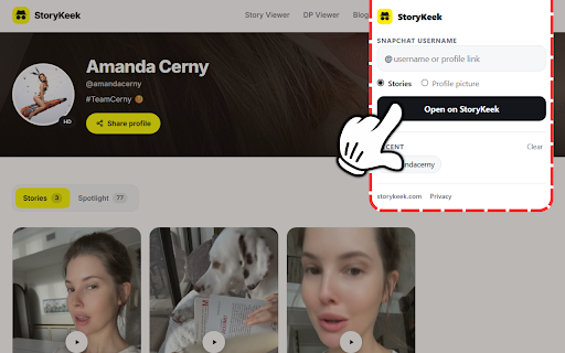 Anonymous Snapchat Story Viewer - StoryKeek :: Watch public Snapchat stories anonymously. One button on any profile, plus the profile picture at full size. No login.