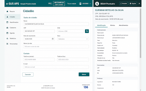 SIGAH Prontuário no e-SUS :: Ao consultar um cidadão no e-SUS APS, exibe o prontuário completo do SIGAH em um painel lateral.