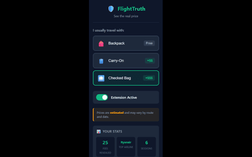 FlightTruth: Google Flights Fee Revealer :: Reveals hidden baggage fees and flags risky booking sites on Google Flights. Prices are estimates.