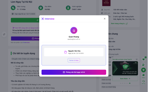 X-Interview :: Trợ lý AI cho người tìm việc: luyện phỏng vấn và phân tích CV ngay trên các trang tuyển dụng bạn đang duyệt.