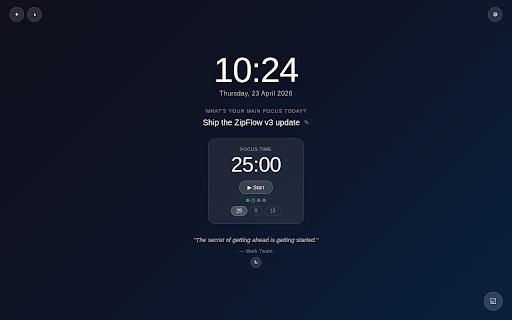 FocusTab — Minimal New Tab :: Replace your new tab with a calm focus dashboard. Daily intention, Pomodoro timer, clock, quotes. Free forever.