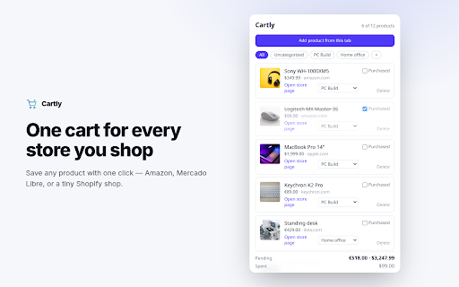 Cartly — Shopping Cart & Wishlist :: Shopping cart & wishlist for any store — save any product in Chrome's side panel, sort into lists, see live budget totals.