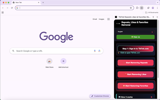TikTok Reposts Likes & Favorites Remover :: A modern Chrome extension to remove all reposted, liked and favorited videos on TikTok with real-time progress tracking.