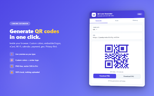 QR Code Generator & Scanner :: Generate and scan QR codes. Custom colors, logo embed, vCard / Wi-Fi / event templates, bulk CSV export, and history.