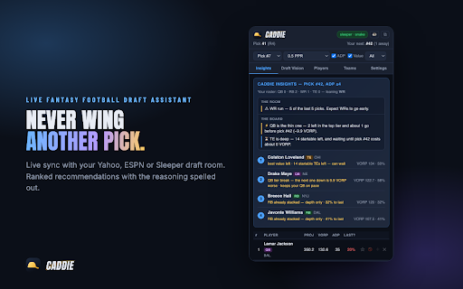 Draft Caddie — Fantasy Football Draft Assistant :: Never wing another pick. Knows who survives to your turn — for Yahoo, ESPN & Sleeper: live sync, forecasts, opponent reads.