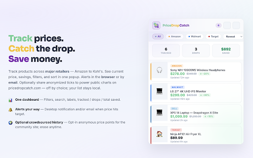 PriceDropCatch - Price Tracker for Amazon, Walmart, eBay and More :: One-click price tracking, history charts, and price drop alerts when your target price is reached. No account required.