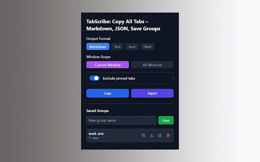 TabScribe — One Click Tab Copy & Export :: Copy all tabs in one click. Export to Markdown, JSON, HTML. Works across all windows. Modern UI, dark mode. Private & offline.