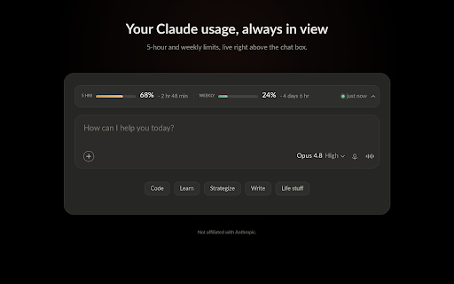 Usage Meter for Claude :: See your Claude 5-hour and weekly usage live, right above the chat box. No API key, data stays in your browser.