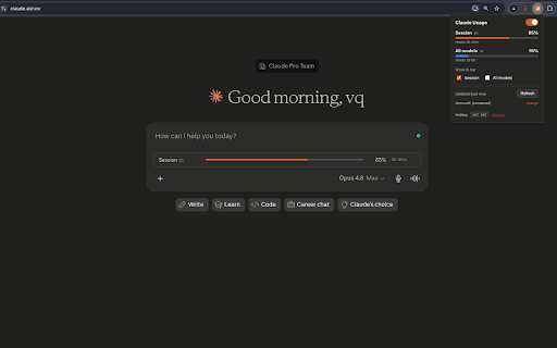 Claude Usage Bar :: See your Claude.ai usage — 5-hour session and weekly all-models limits — in a slim bar under the chat. No sign-in needed.