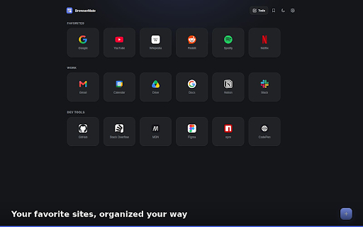 BrowserMate :: A private Chrome new tab with grouped shortcuts, bookmark management, and local todo workspaces.