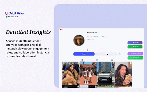OrbitVibe: Instagram & TikTok Influencer Analytics :: Analyze any Instagram or TikTok creator in one click: engagement rate, top posts, similar creators. Export lists, synced to cloud.
