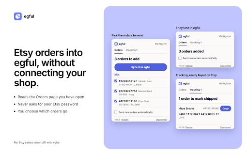 egful :: Bring orders from your own Etsy Shop Manager page into egful — items, quantities and buyer addresses — without connecting a shop.
