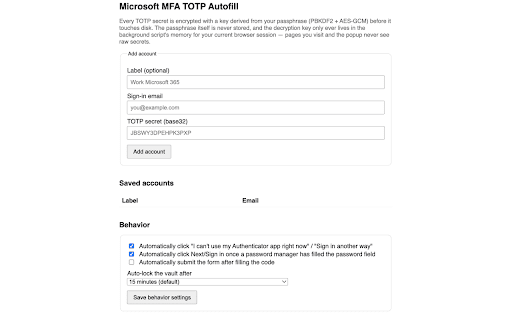 Microsoft MFA TOTP Autofill :: Detects Microsoft sign-in and autofills locally generated TOTP codes, reducing reliance on Authenticator push prompts.