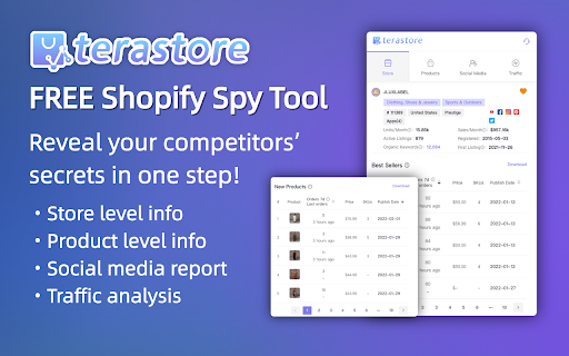 terastore :: Free Powerful Chrome Extension: Find market intelligence and track hit products of Shopify stores in one step.
