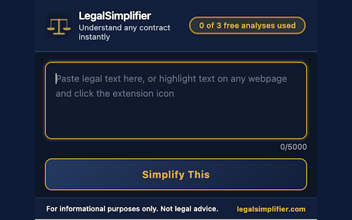 LegalSimplifier - Understand Any Contract :: Highlight any legal text and get a plain-English summary with risk flags in 30 seconds. No lawyer needed.