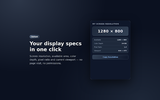 My Screen Resolution :: Instantly display your screen resolution, viewport size, pixel ratio and color depth.