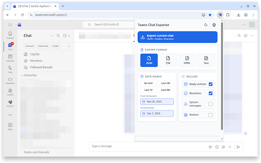 Teams Chat Exporter :: Export Microsoft Teams web chat conversations to JSON, CSV, HTML, or Text with full message history.