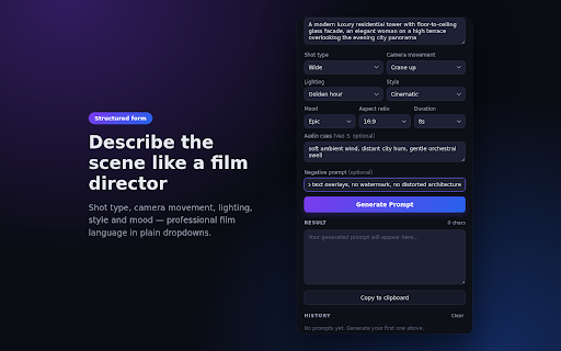 Veo Prompt Generator - AI Video Prompt Builder :: Veo prompt generator and AI video prompt builder for Google Veo 3 and Sora. Build cinematic prompts with presets, offline.