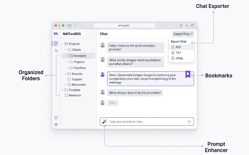 NAToolkit: Workspace Tools for ChatGPT :: NAToolkit turns ChatGPT into a real workspace — folders, bookmarks, prompt library, and export. All local. All private.