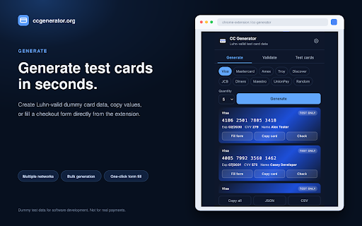 Credit Card Generator: Test Card Numbers :: Generate Luhn-valid test credit card numbers, validate a BIN and autofill checkout forms. Dummy card data for developers and QA.