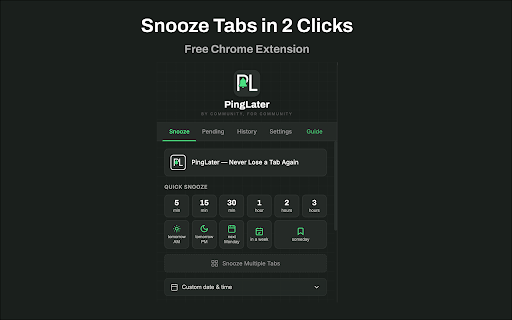 Tab Snooze & Organizer - PingLater :: Tab snooze extension to save tabs for later. Set reminders, organize tabs, and get notified. Beautiful tab manager for Chrome.