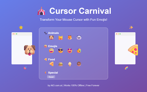 Cursor Carnival :: Transform your mouse cursor with fun emojis, animals, food & more. Make browsing delightful!