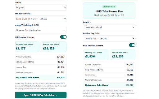 NHS Take Home Pay Calculator :: Quick NHS salary estimate: take-home pay for AfC Bands 2-9 after tax, NI and pension.