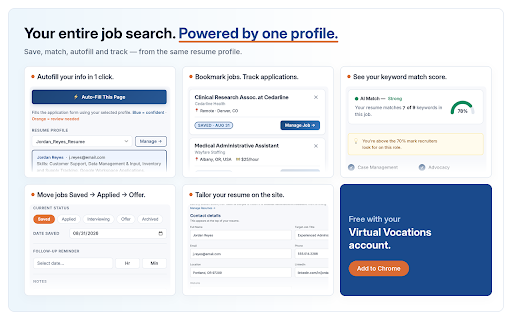 JobManager :: Save jobs, score them against your resume with AI, manage resumes and auto-fill applications. VirtualVocations account required.