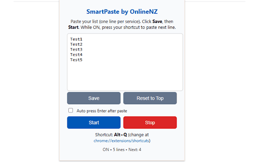 SmartPaste by OnlineNZ :: Paste the next line from your saved list with a hotkey. Start/Stop toggle, optional auto-Enter.
