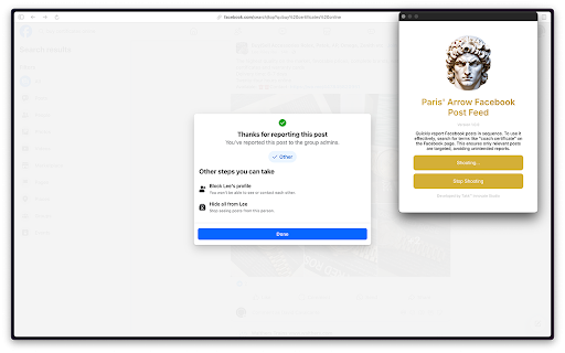 Paris' Arrow Facebook Admin Post Reporter :: Efficiently report posts to administrators on Facebook, akin to Paris' arrow striking Achilles' heel.