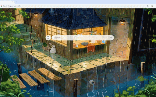 Evening Rain Live Wallpaper :: Cozy lakeside cabin glows warmly as gentle rain creates ripples on tranquil waters.