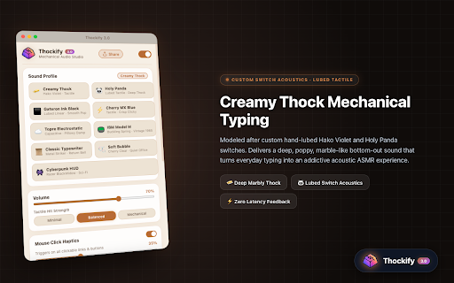 Thockify — Tactile Keyboard & Web Audio :: Tactile acoustic feedback, mechanical thocks, and speed-aware audio haptics for web typing.