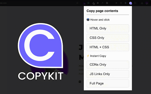 CopyKit :: Copy HTML blocks, CSS, JS links, or full pages with hover and click—or instantly with one click.