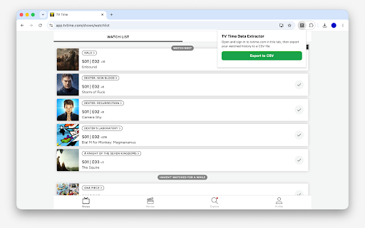 TV Time Data Extractor :: Export your own TV Time watch history and movies to a CSV file. Runs locally — your data never leaves your browser.