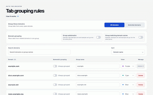 Auto Tab Grouper :: Group open tabs by domain and manage grouping scope, group names, and colors. All settings stay in your browser.