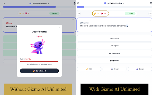 Gizmo AI Unlimited :: Unlocks unlimited hearts and hints on Gizmo AI quizzes.