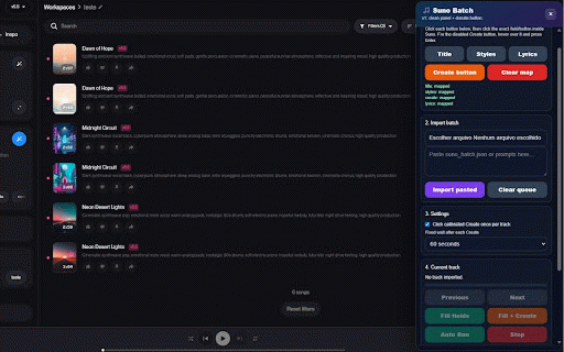 Suno Batch :: Suno Batch v1: clean panel, one Create click per track, fixed wait, calibrated fields, donate button.
