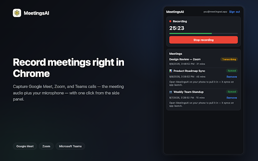 MeetingsAI :: Record and transcribe online meetings you are in, and sync the results to your MeetingsAI account.