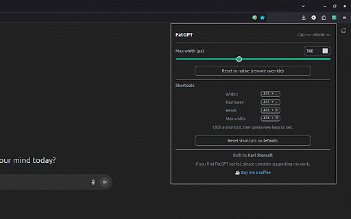 FatGPT — ChatGPT Width Control :: Widen or narrow the ChatGPT conversation column with a slider or keyboard shortcuts.