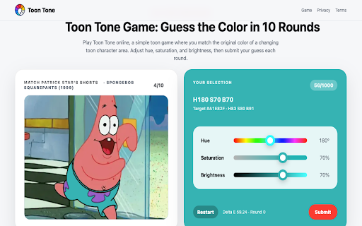 Toon Tone Mini :: Guess cartoon character colors with HSB sliders in a quick browser popup.