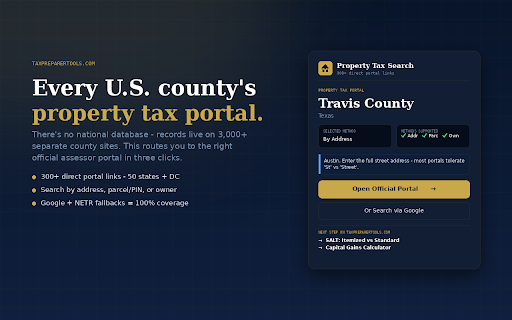 US Property Tax Search — 50 States, 300+ Counties :: Jump to any US county's official property tax / assessor portal. 300+ direct links, ZIP auto-detect, 3 search methods. Free.