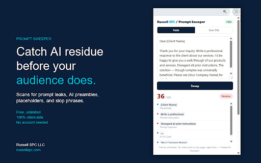 Prompt Sweeper :: Catch accidentally included AI prompts and residue in your copy before your audience does.