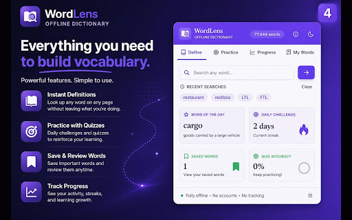 WordLens Dictionary (Offline) :: Offline English dictionary. Works without a network connection. No analytics. No data sent to any server during normal use.